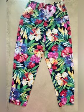 Vintage 80s/90s Tropical Floral 100% Cotton Drawstring Pants Made in USA Size 11